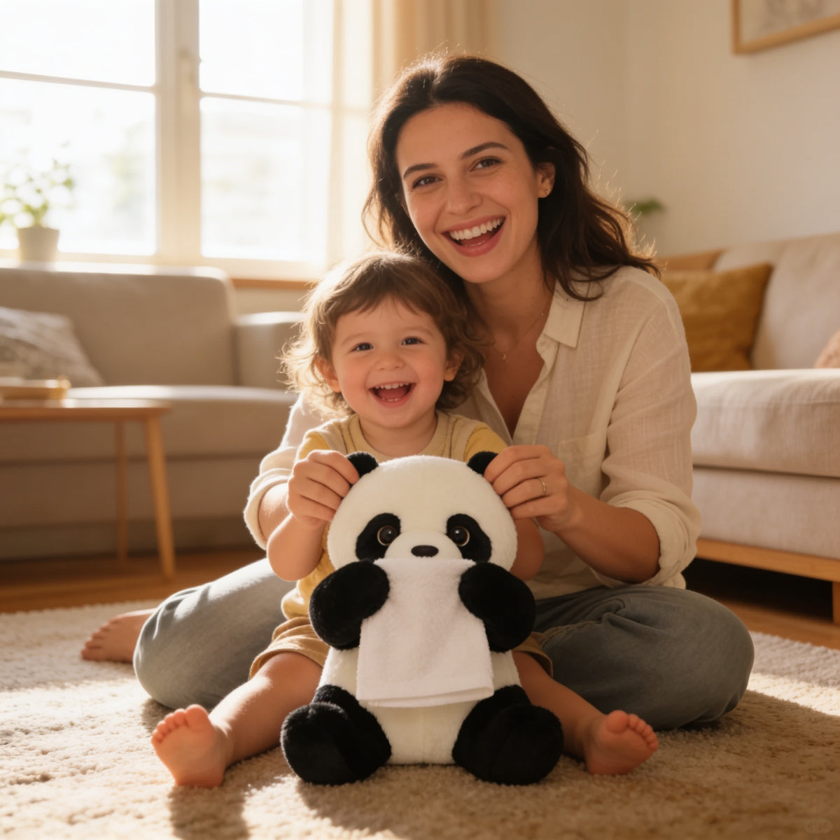 Copil se joaca cu panda acasa